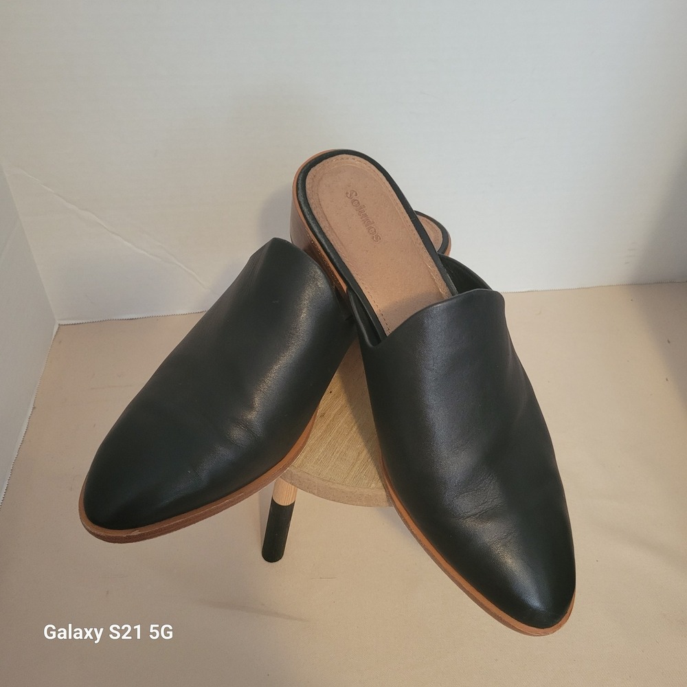 Soludos Venetian Mules Black Leather Pointed Toe Block Heel Shoes Womens 10